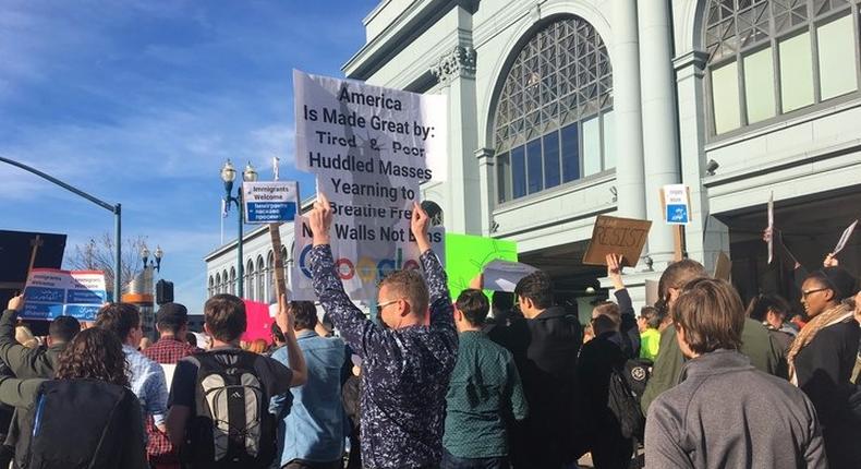 Alphabet employees protested Trump's immigration ban on Monday in San Francisco.