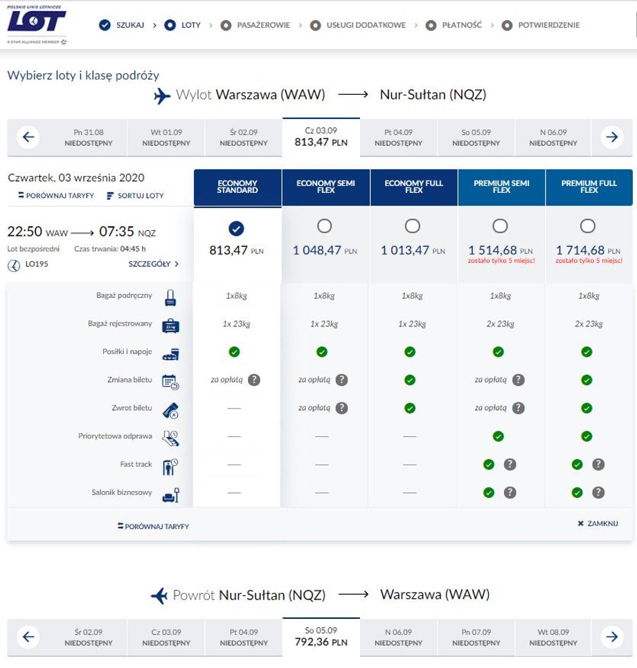 Najbliższe loty Warszawa-Nur-Sułtan w systemie rezerwacyjnym PLL LOT