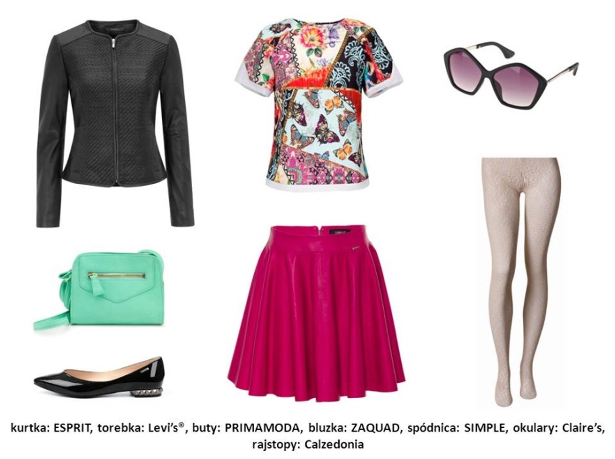 Kurtka ESPRIT: 999 pln Torebka Levi’s®: 119,90 pln Buty PRIMAMODA: 389 pln Bluzka ZAQUAD: 350 pln Spódnica SIMPLE: 899,90 pln Okulary Claire’s: 51,90 pln Rajstopy Calzedonia: 59,90 pln