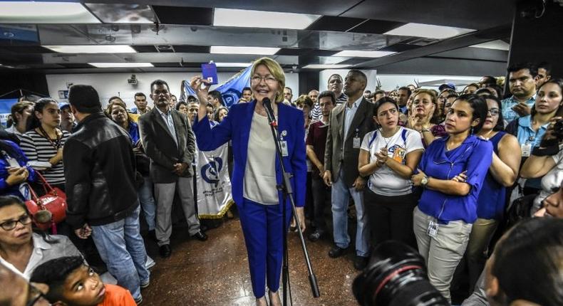 Venezuela's Attorney General Luisa Ortega speaks to General Prosecutor's office workers in Caracas on June 19, 2017