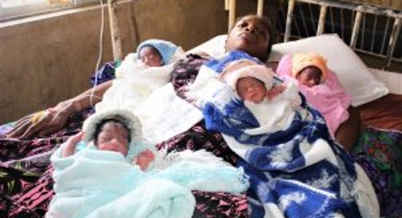 Mrs Mariam Akinkitan and her quadruplets at Ajara Medical Centre in Badagry, Lagos State on Tuesday.  [NAN]