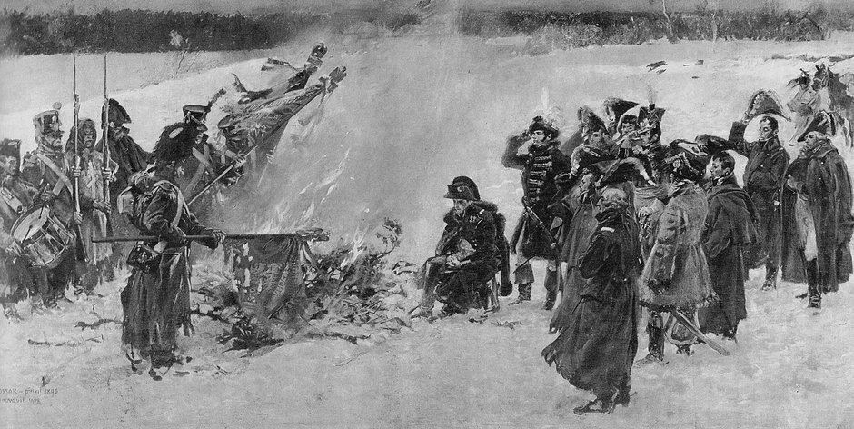 "Palenie sztandarów przed Napoleonem", fragment panoramy "Berezyna" powstałej w latach 1894–1896 r. Wojciech Kossak