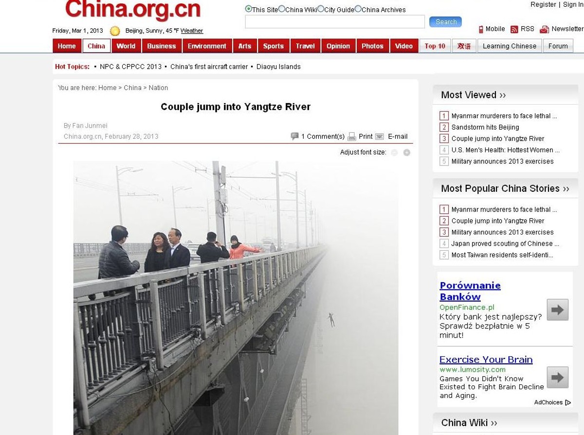 Kobieta, która skoczyła z mostu do rzeki Jangcy, źródło: china.org.cn