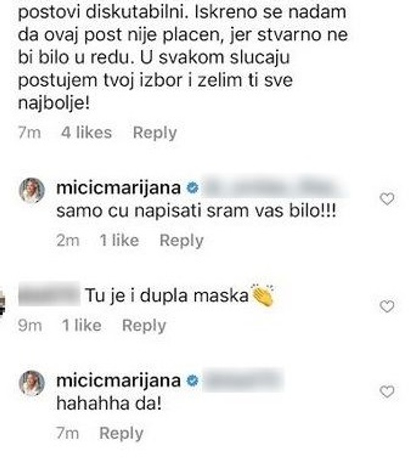 Komentari ispod Marijanine objave
