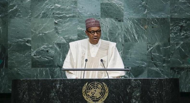 Nigeria's President Muhammadu Buhari addresses attendees during the 70th session of the United Nations General Assembly at the U.N. headquarters in New York, September 28, 2015. REUTERS/Eduardo Munoz