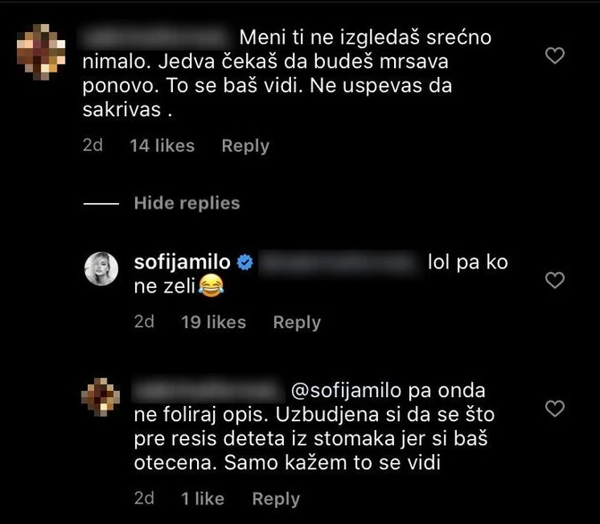 Komentar na Instagram profilu Sofije Milošević