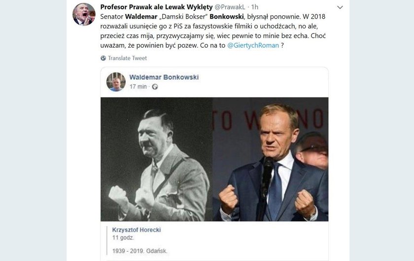 Senator Bonkowski udostępnił porównanie Tuska do Hitlera