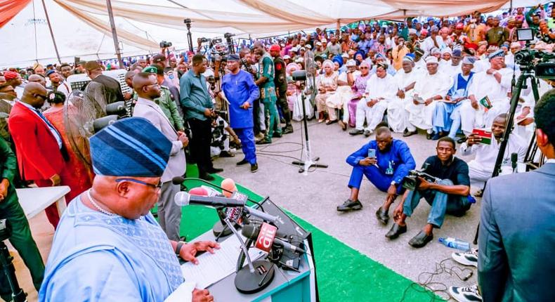 Gov. Adeleke during the inauguration of commissioners in Osogbo on Wednesday. [NAN]