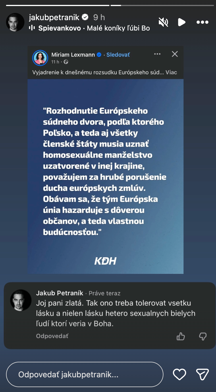 Jakub Petraník reaguje na slová europoslankyne Miriam Lexmann. 
