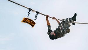 A member of Team 40, representing the 75th Ranger Regiment, navigates an obstacle course during the 40th Annual Best Ranger Competition at Ft. Moore, Georgia.US Army Photo by Sgt. Paul Won
