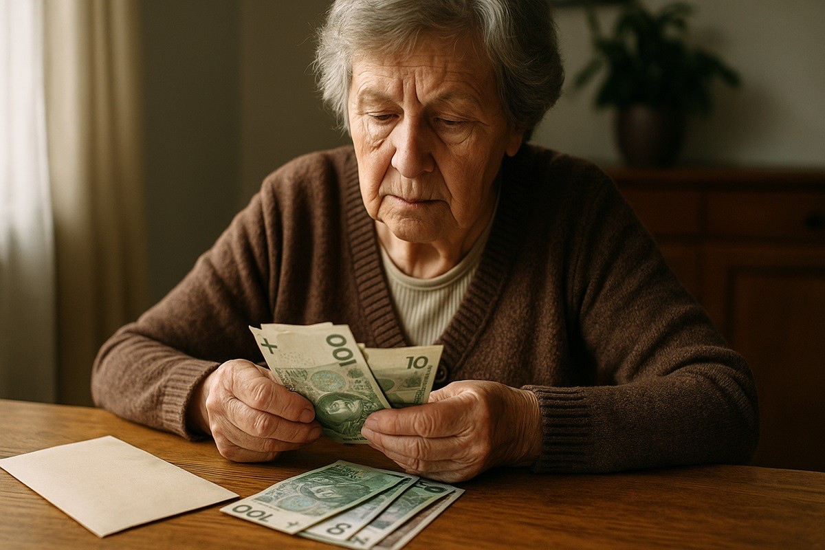 Seniorka liczy polskie banknoty – waloryzacja emerytur 2026 obniży część czternastki