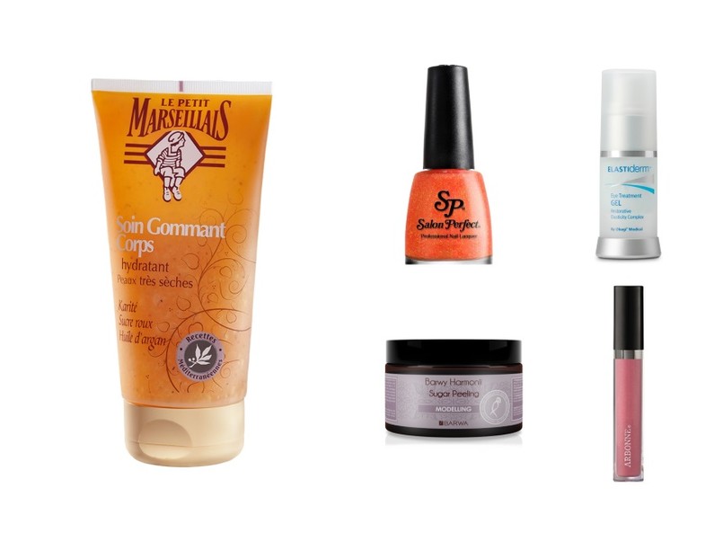 Le Petit Marseillais, cukrowy peeling do ciała, 19,99zł/150ml; Salon Perfect, lakier do paznokci, odcień Exploded, 18,99zł/14ml, Obagi, żel pod oczy Elastiderm, 250zł/15ml; Barwa, peeling cukrowy modelujący Barwy Harmonii, 29zł/250g; Arbonne, błyszczyk do ust, odcień Primrose 90zł/3,36ml