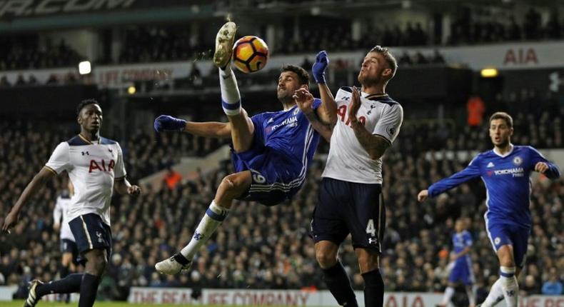 Chelsea's striker Diego Costa (2nd L) attempts a bicycle kick during the English Premier League football match against Tottenham Hotspur at White Hart Lane in London, on January 4, 2017