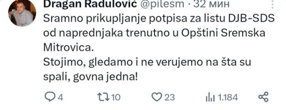 Dragan Radulović optužio koaliciju SDS-DJB da joj "naprednjaci prikupljaju potpise" u Sremskoj Mitrovici