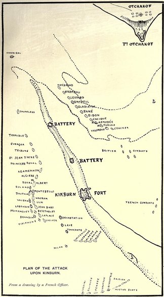 Schemat ataku Francuzów i Brytyjczyków na twierdzę Kinburn