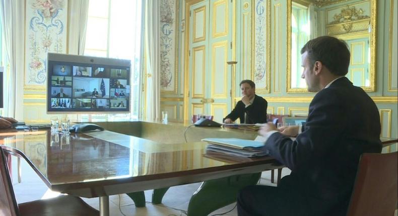 French President Emmanuel Macron takes part in a videoconference with European leaders to try to find a common response to the coronavirus crisis