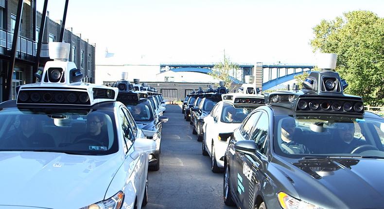 A fleet of self-driving Ubers in Pittsburgh.