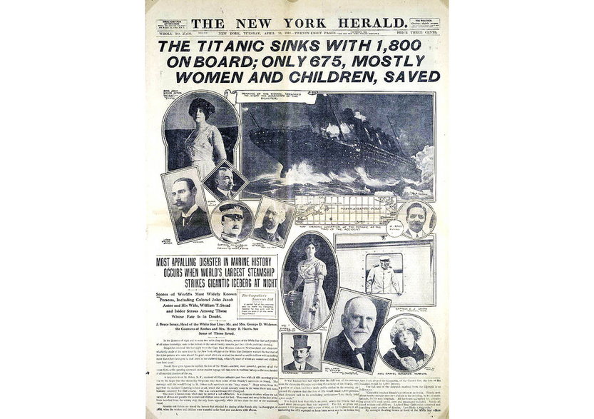 Strona tytułowa dziennika "New York Herald" z 15 kwietnia 1912 r. Wtedy jeszcze nie zdawano sobie sprawy, że ofiar było znacznie więcej