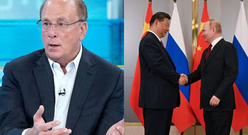 Russia's biggest supporter and fundamental supporter of the Russian economy is China, BlackRock CEO Larry Fink said on Tuesday.John Lamparski via Getty Images; Sergei Guneyev/Pool/AFP via Getty Images