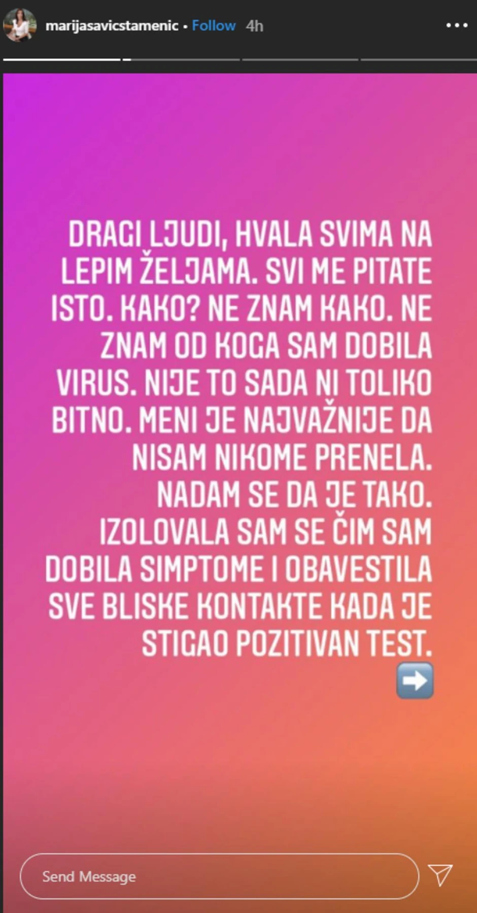 Marija Savić Stamenić, objava na Instagramu