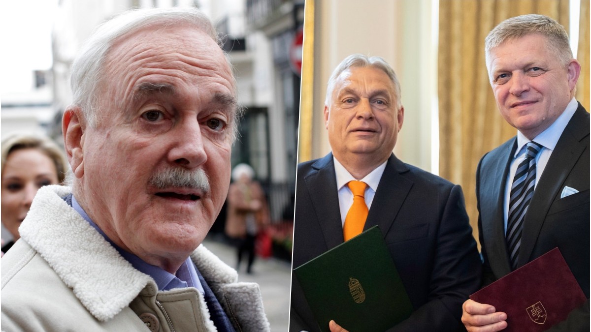 Britský herec a komik John Cleese, Viktor Orbán a Robert Fico. 