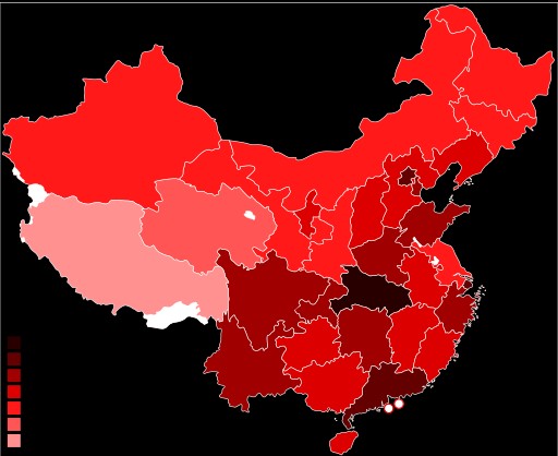 Koronawirus. Mapa pokazująca rozprzestrzenianie się wirusa w Chinach. Im ciemniejszy kolor, tym wcześniej odnotowano przypadek choroby