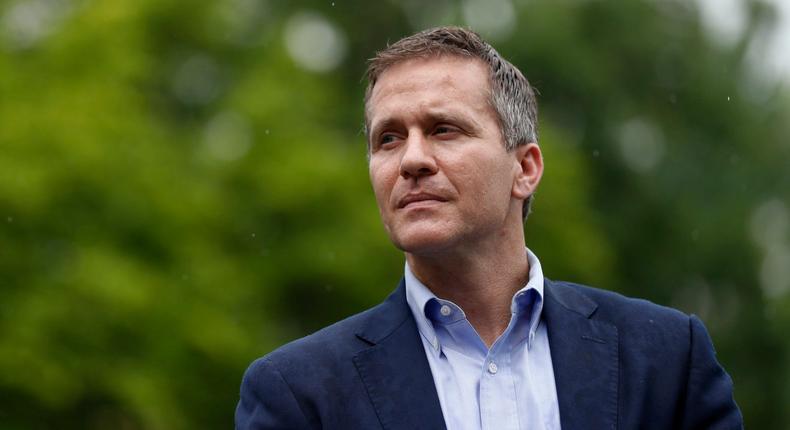 Then Missouri Gov. Eric Greitens waits to deliver remarks to a small group of supporters near the capitol in Jefferson City, Mo. in this May 17, 2018 file photo.