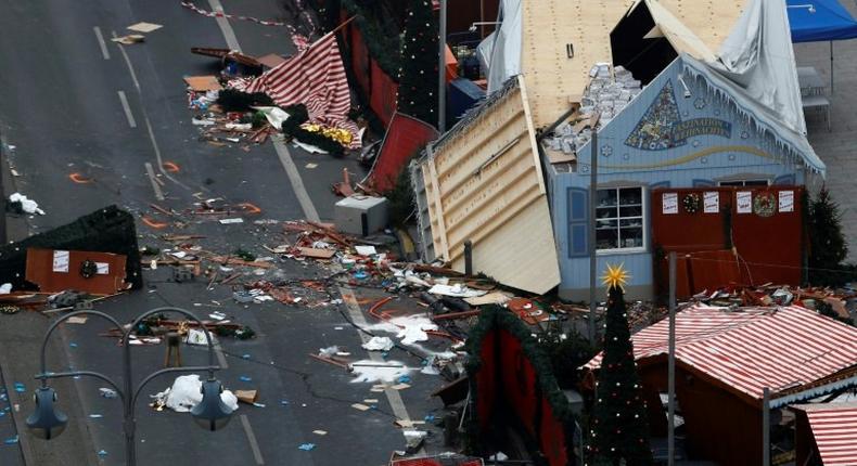 The scene of a terrorist attack is seen on December 20, 2016 after a lorry smashed into a busy Christmas market in central Berlin