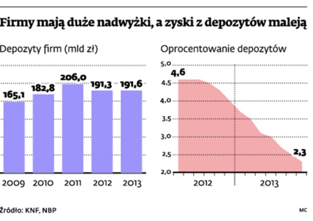 Firmy mają duże nadwyżki, a zyski z depozytów maleją