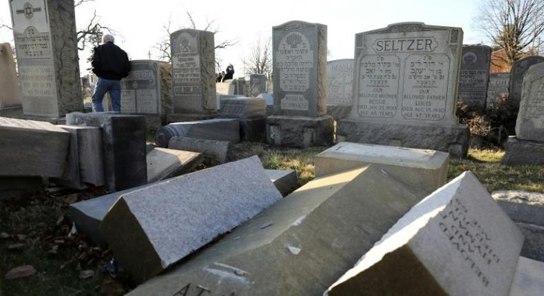 Vandalized tombstones are seen at the Jewish Mount Carmel Cemetery, February 26, 2017, in Philadelphia