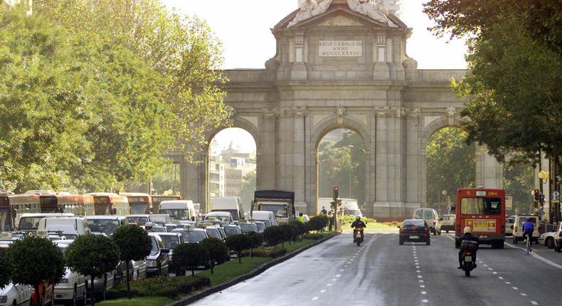 A car-free day in Madrid, where only buses, taxis, motorcycles, and official vehicles were permitted to drive.