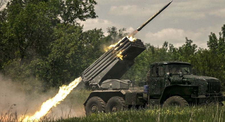 Ukrainian troops fire with surface-to-surface rockets MLRS towards Russian positions at a front line in the eastern Ukrainian region of Donbas on June 7, 2022.