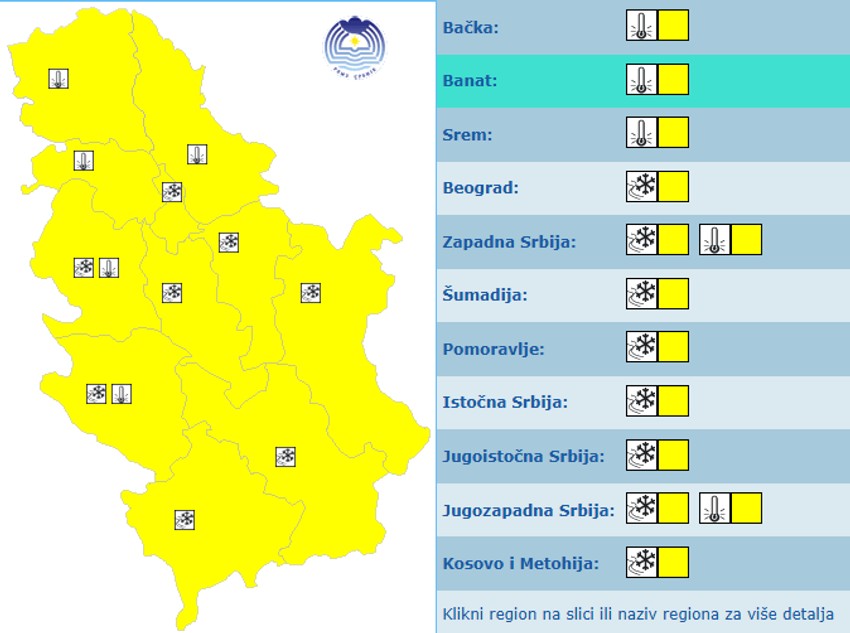 Meteoalarm za utorak