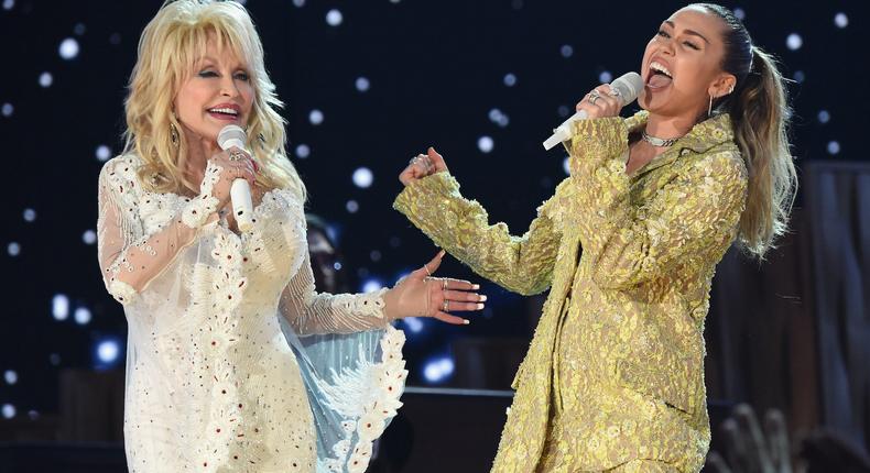 Dolly Parton (L) and Miley Cyrus perform onstage during the 61st Annual GRAMMY Awards at Staples Center on February 10, 2019 in Los Angeles, California.Kevin Mazur/Getty Images for The Recording Academy