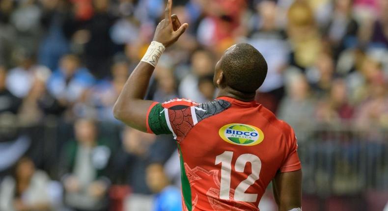 [FILE PHOTO] VANCOUVER, BC - MARCH 11: Willy Ambaka (12) of Kenya celebrates after scoring a try against Fiji during day 2 of the 2018 Canada Sevens Rugby Tournament on March 11, 2018 at BC Place in Vancouver, British Columbia, Canada. (Photo by Derek Cain/Icon Sportswire via Getty Images)