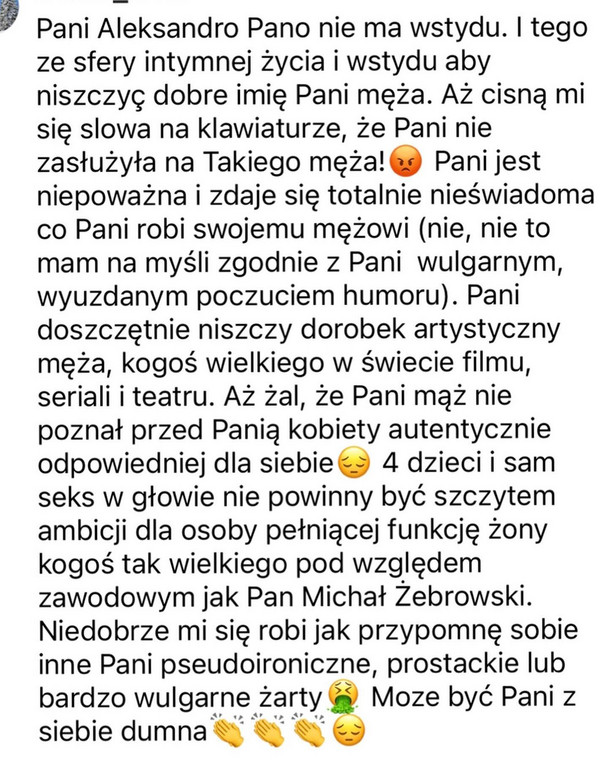 Komentarz na profilu Aleksandry Żebrowskiej