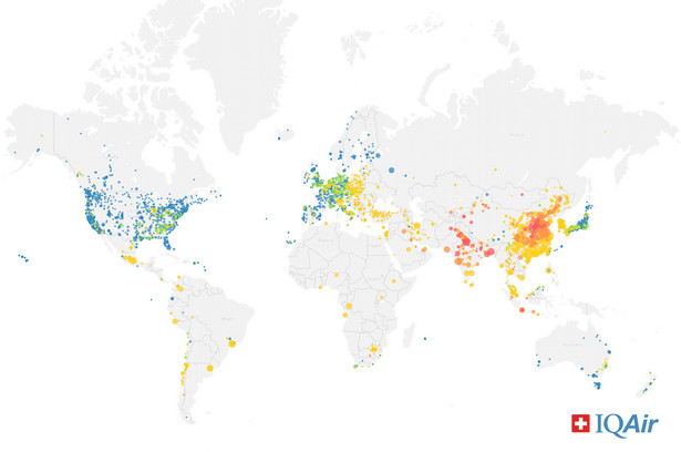 Jakość powietrza na świecie - mapa, źródło: IQAir