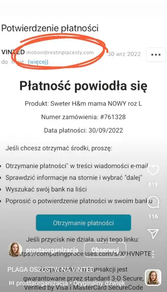 Internetowy oszust podszywa się pod popularną platformę Vinted. Zwróćcie uwagę na adres nadawcy Fot. @prostaorganizacja