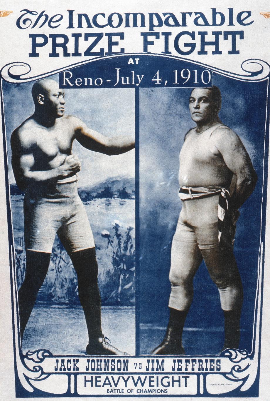 Plakat promujący walkę o mistrzostwo pomiędzy Jackiem Johnsonem i Jamesem J. Jeriesem w Reno w Nevadzie, 4 lipca 1910 r.