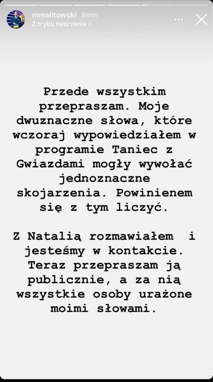 InstaStory z profilu Michała Malitowskiego