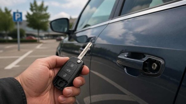 Ruka vodiča drží kľúč od auta s vylúpnutou krytkou na rukoväti dverí – v pozadí moderné auto na parkovisku, vodič hľadá skrytý zámok.