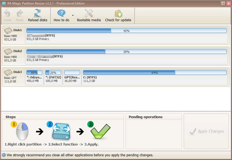 Główne okno programu do zarządzania dyskami - IM-Magic Partition Resizer Pro