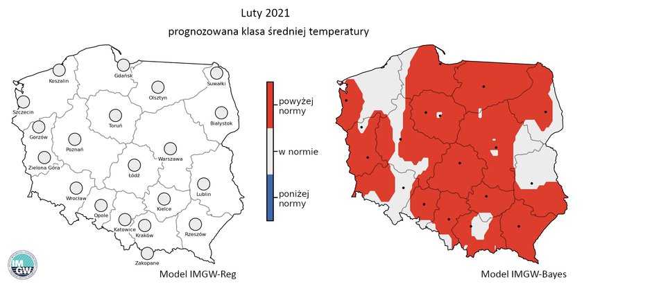 Prognozowana klasa średniej miesięcznej temperatury powietrza w lutym 2021 r. według modelu IMGW-Reg i IMGW-Bayes