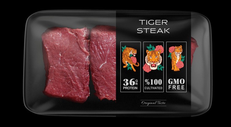 Tigrissteak, a Primeval Foods egyik tervezett terméke, amely vadállatokból nyert sejtek növesztésével készülne