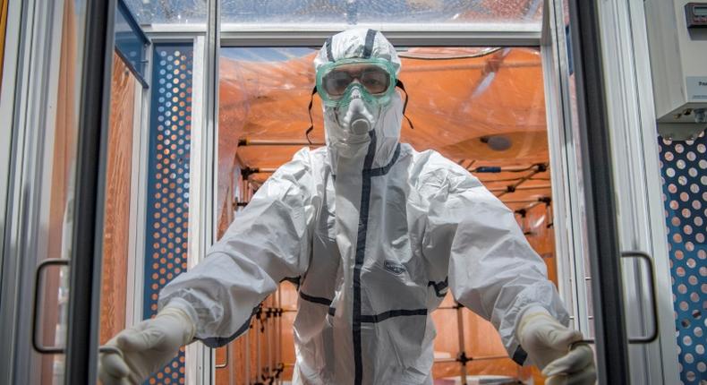 A medic at the Mohammmed V military hospital, wearing a protective outfit, is pictured during the novel coronavirus pandemic crisis, in the Moroccan capital Rabat