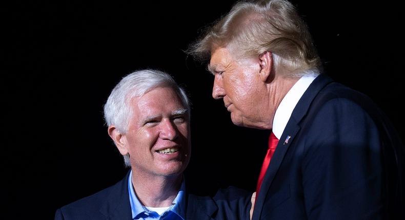 Republican Rep. Mo Brooks of Alabama, who's now running for Senate, with former President Donald Trump at a rally in Cullman, Alabama on August 21, 2021.
