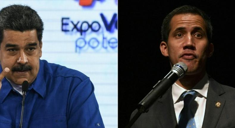 Venezuela's President Nicolas Maduro (left) is blocking US aid while self-proclaimed acting president Juan Guaido has vowed he will get the food and medicine into the country one way or another