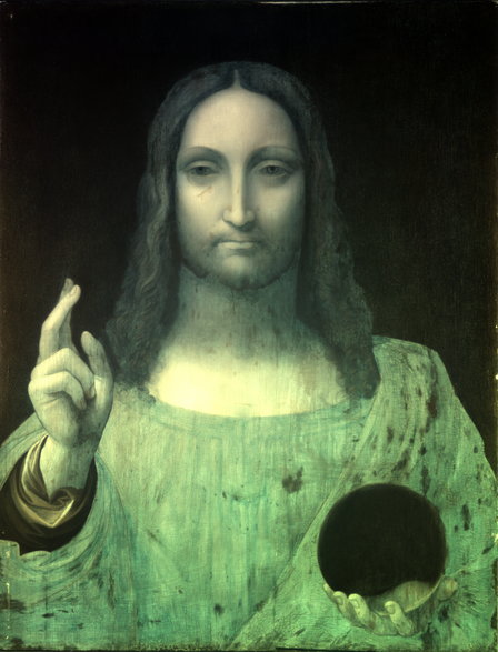 Salvator Mundi, wizerunek uzyskany po przetworzeniu obrazów zarejestrowanych w wąskich kanałach spektralnych w zakresie UV-VIS-NIR (tzw. obrazowanie multispektralne).