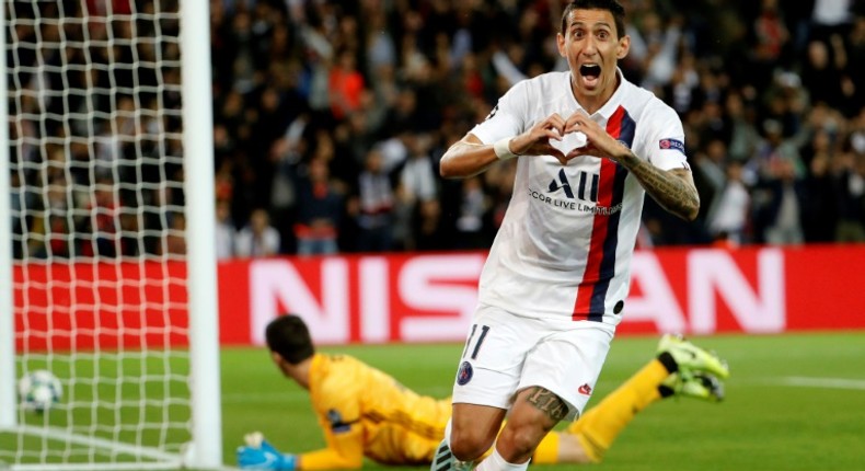 Angel Di Maria celebrates his first goal against Real Madrid at the Parc des Princes