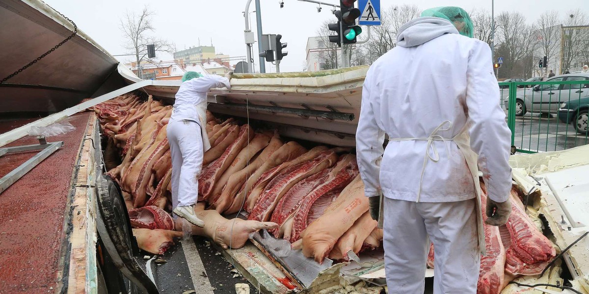 Świńskie półtusze rozsypały się na ulice Olsztyna i zablokowały miasto